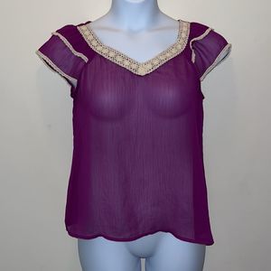 A.N.A A New Approach Purple Vneck Cap Sleeve Sheer Pullover Top crochet trim-Med